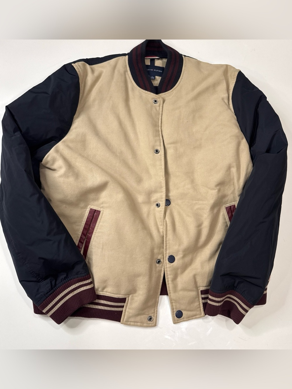 Tommy Hilfiger Beige Blue Varsity Snap Front Bomber Jacket Sz XL A060626